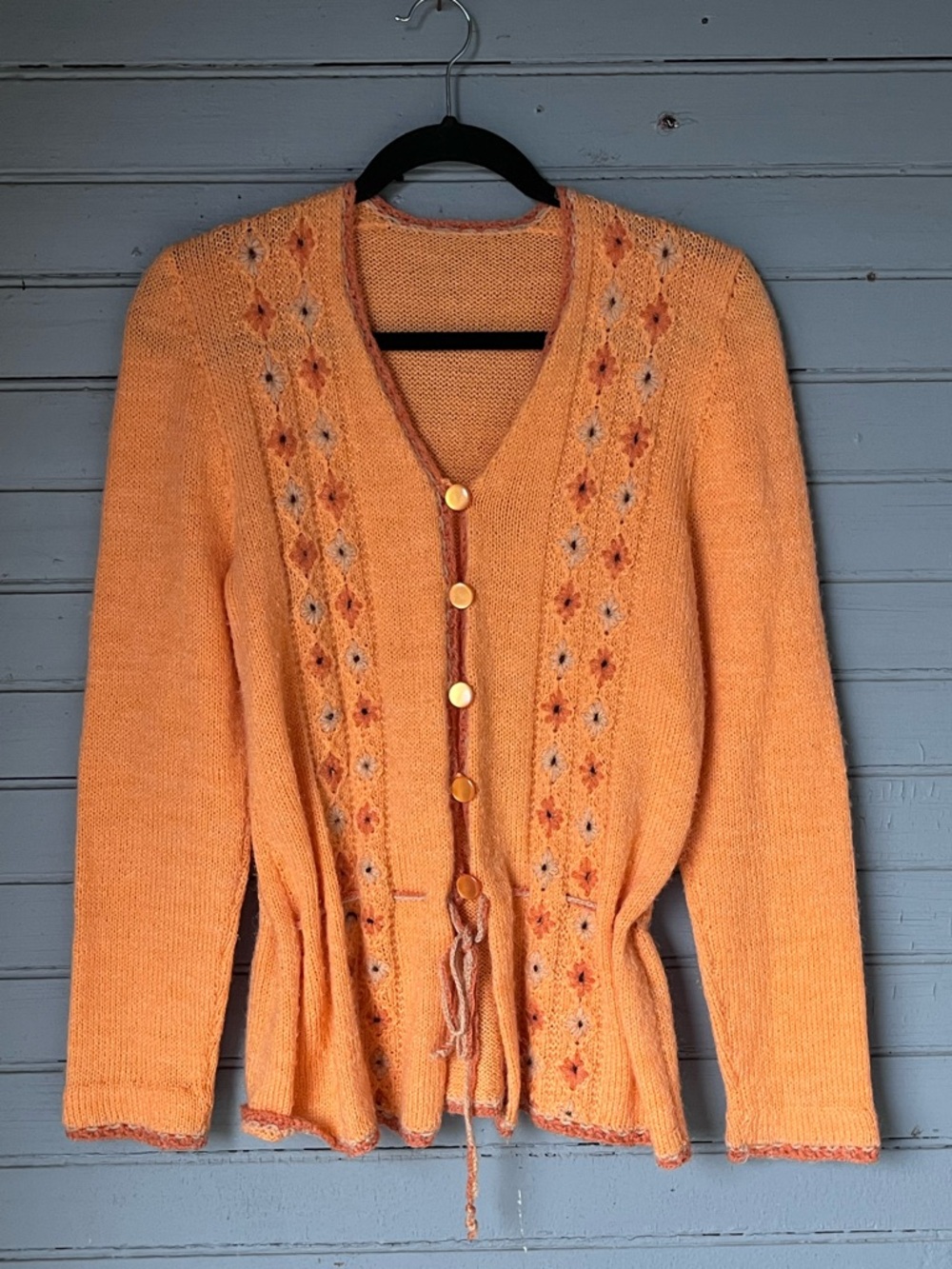 70’s Women’s Vintage Orange Hand Knit Cardigan Sweater with Button Front